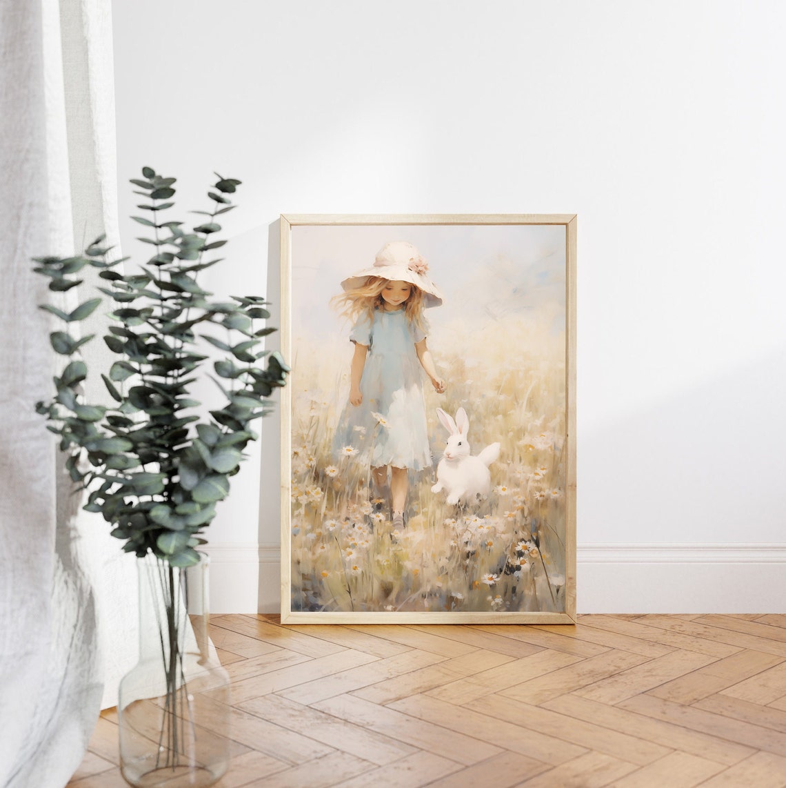 Girl in Blue Dress with White Bunny in a Daisy Meadow Wall Art - Image 4