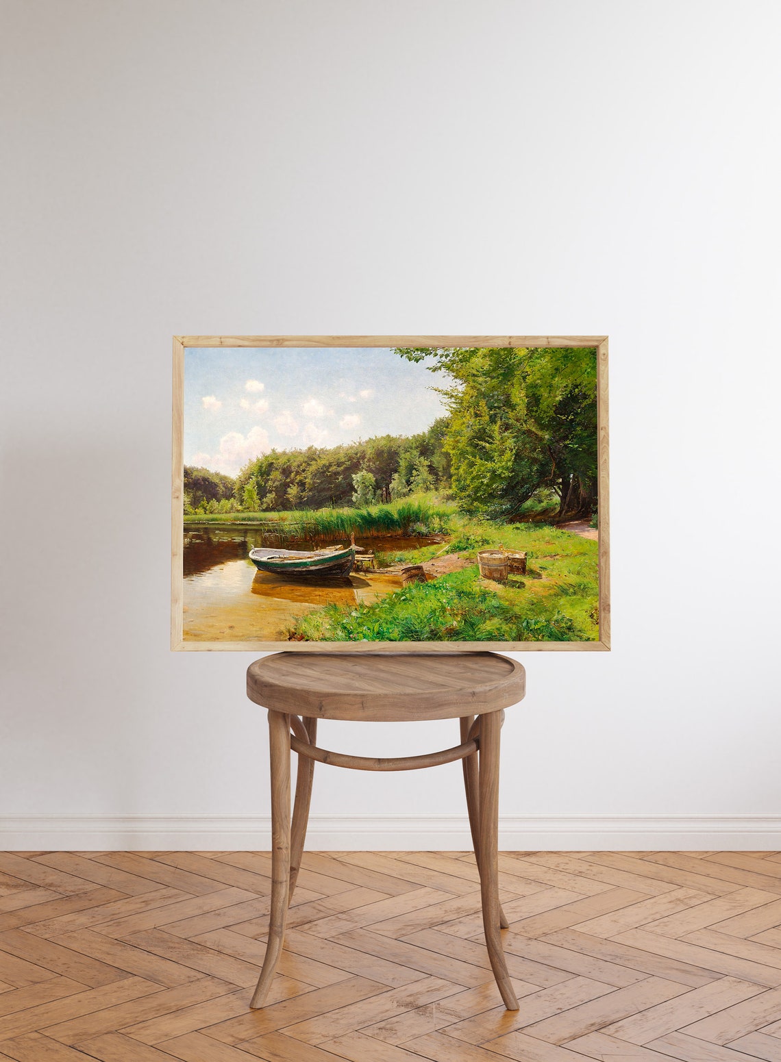 Rowboat On Summer Lake Lush Green Shore Vintage Painting Poster - Image 5