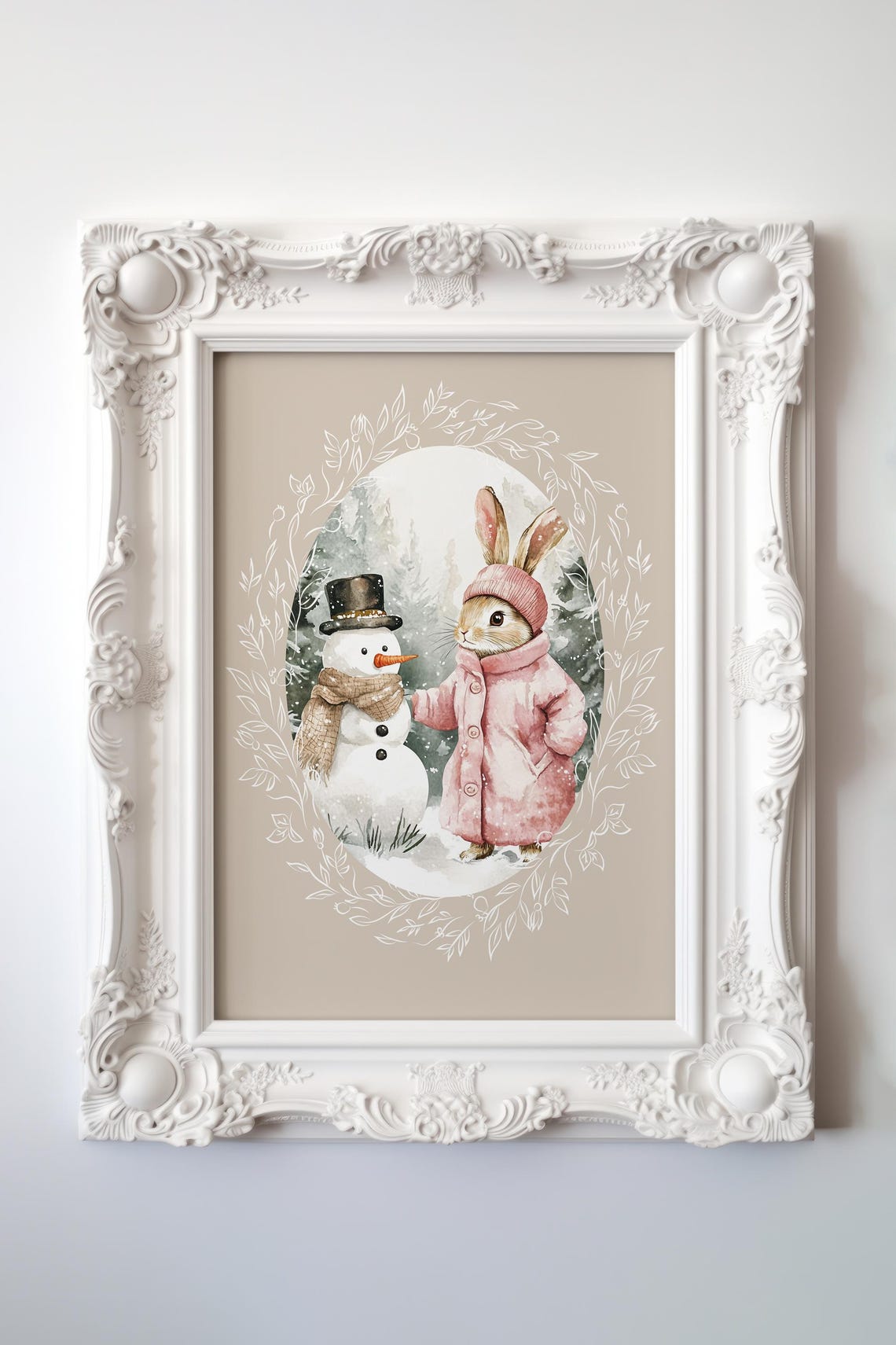 Bunny in Pink Coat Meeting a Snowman in Snowy Winter Woods Poster