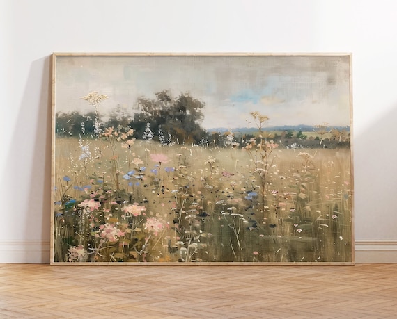 Wildflower Spring Field Landscape Art Print, Farmhouse
