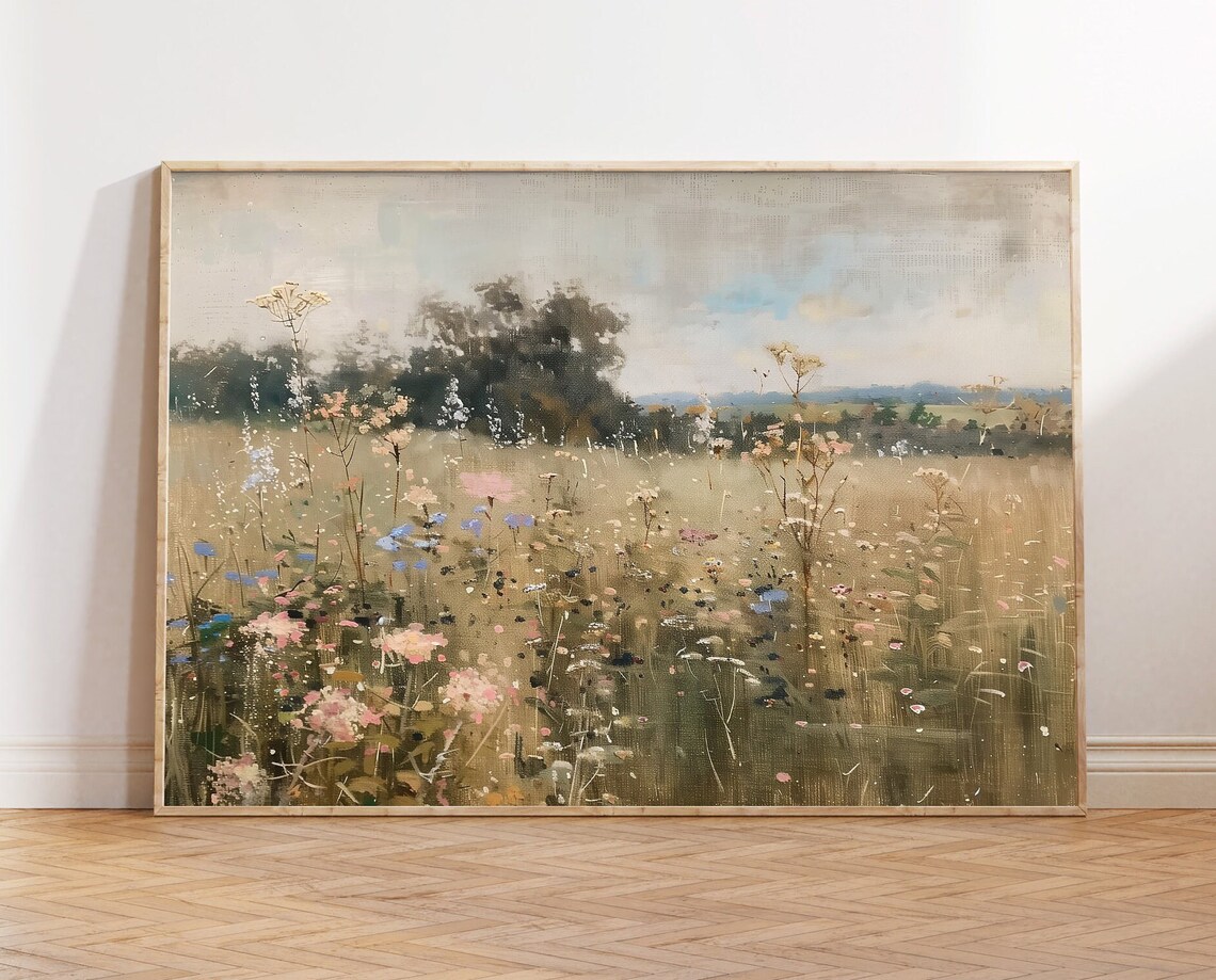 Wildflower Spring Field Landscape Art Print, Farmhouse