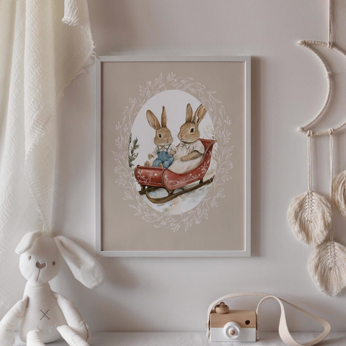 Two Cute Bunnies Riding a Red Sleigh in Snowy Winter Scene Poster - Image 3