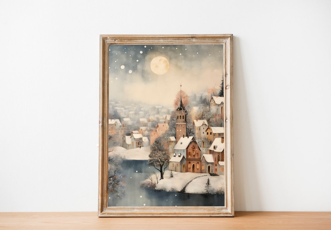 Winter Village Under Full Moon by the River with Church Steeple Poster - Image 2