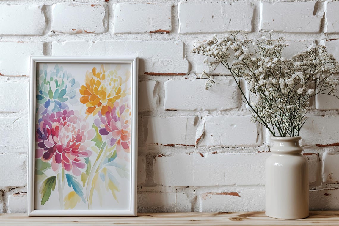 Soft Watercolor Chrysanthemum Trio Pink Purple Teal Home Decor Poster - Image 5