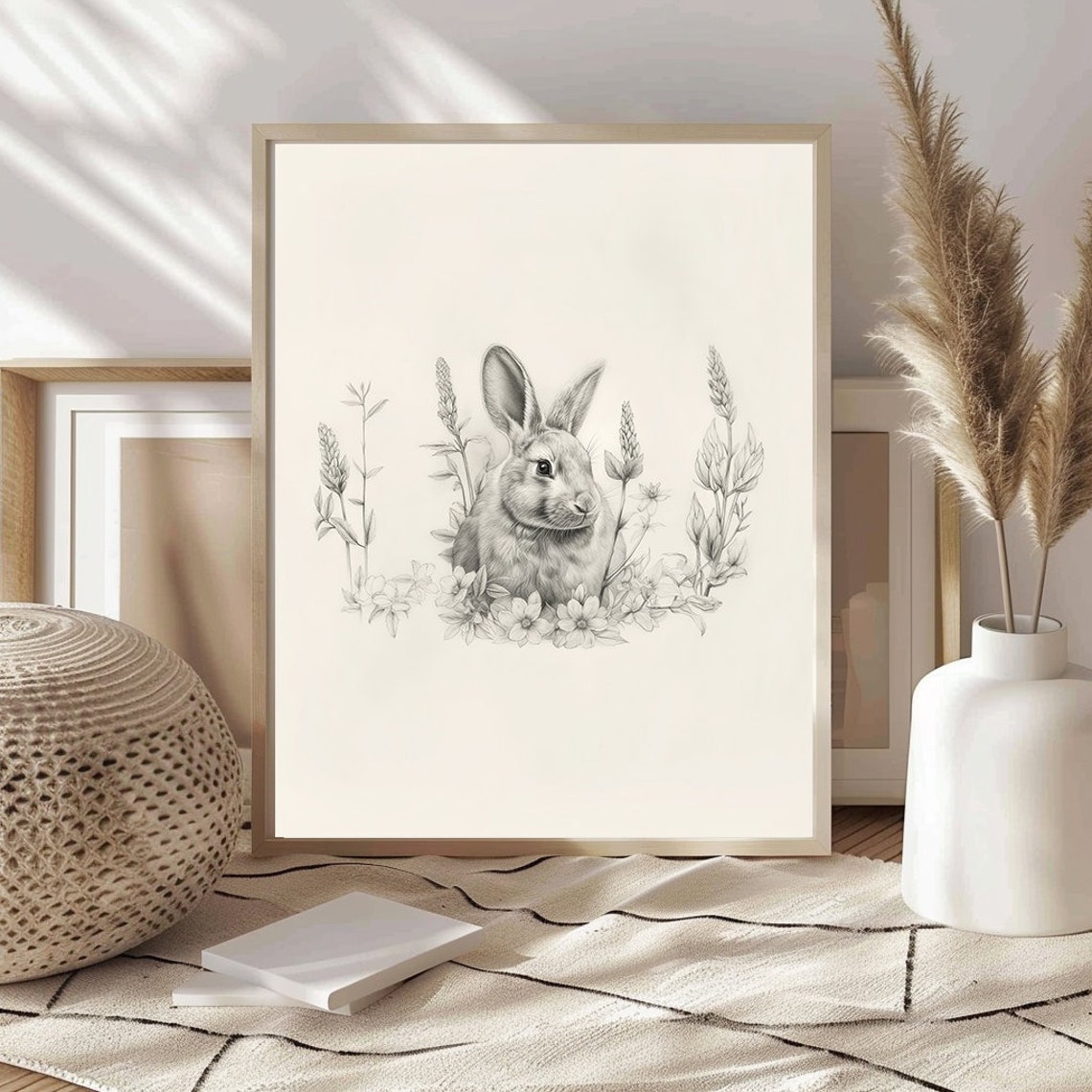 Small Bunny in Sketched Wildflowers Minimalist Nursery Wall Art - Image 3