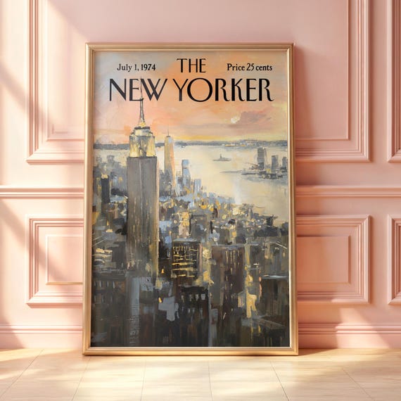 Vintage New Yorker Poster Retro Empire State Building Aerial Sunset Hudson River Print Nyc Oil Painting Skyline Wall Art