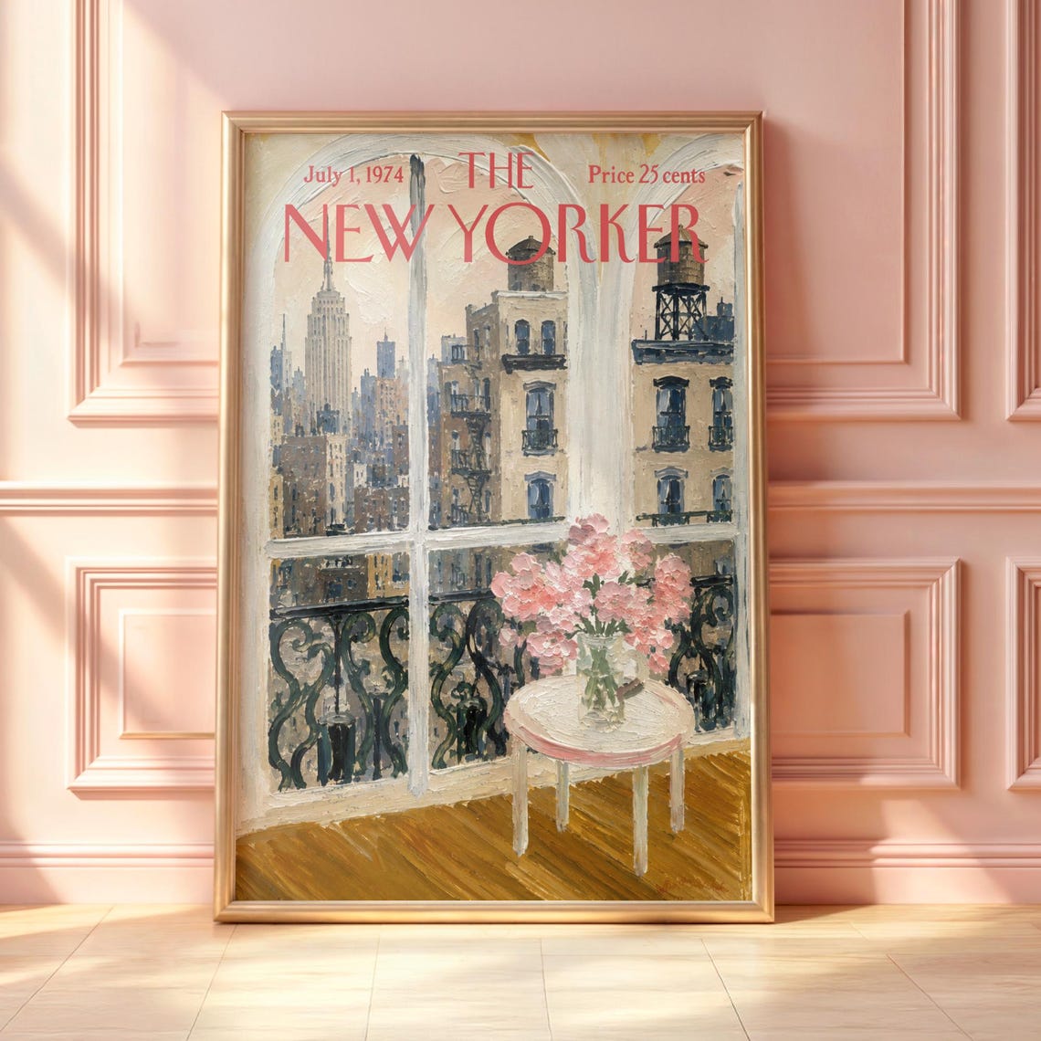 The New Yorker July 1974 Manhattan Window Pink Flowers Wall Print