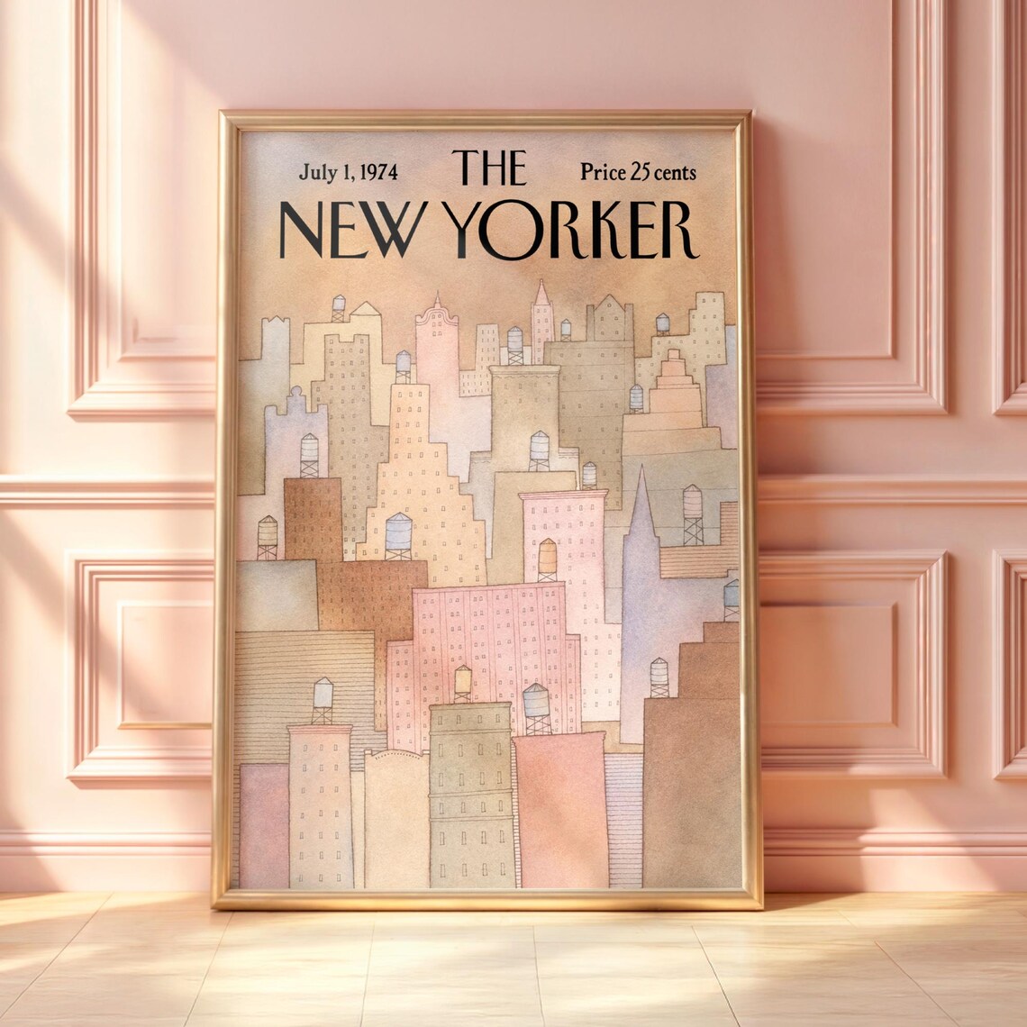 The New Yorker July 1974 Pastel NYC Skyline Water Towers Minimal Poster