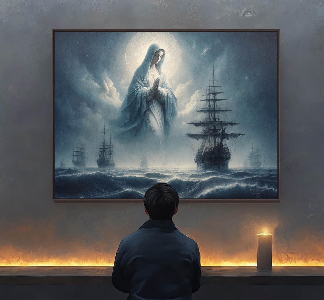 Stella Maris Star Of The Sea Moonlit Virgin Mary Over Tall Ships Stormy Sea Poster - Image 2