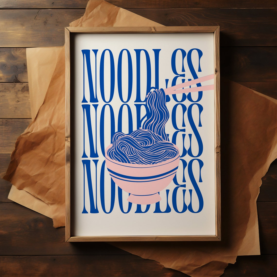 Noodles Blue Retro Typography Illustrated Ramen Bowl Art Poster - Image 2