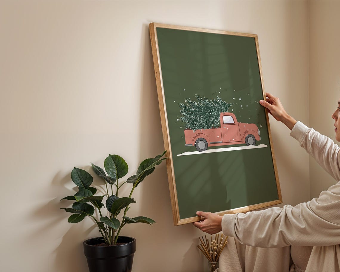Red Truck Hauling Snowy Christmas Tree Vintage Farmhouse Poster - Image 5