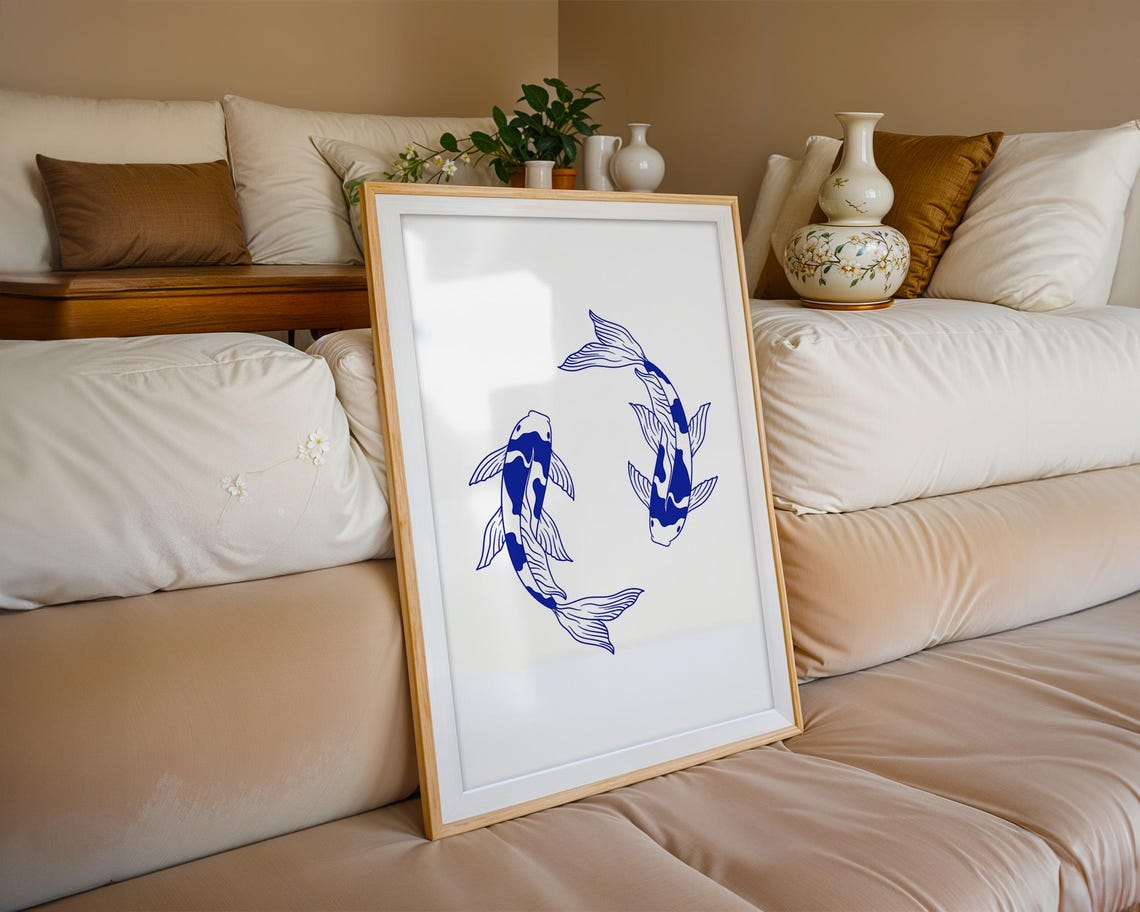 Pair of Blue Koi Fish Elegant Line Art Zen Circle Swim Poster - Image 2
