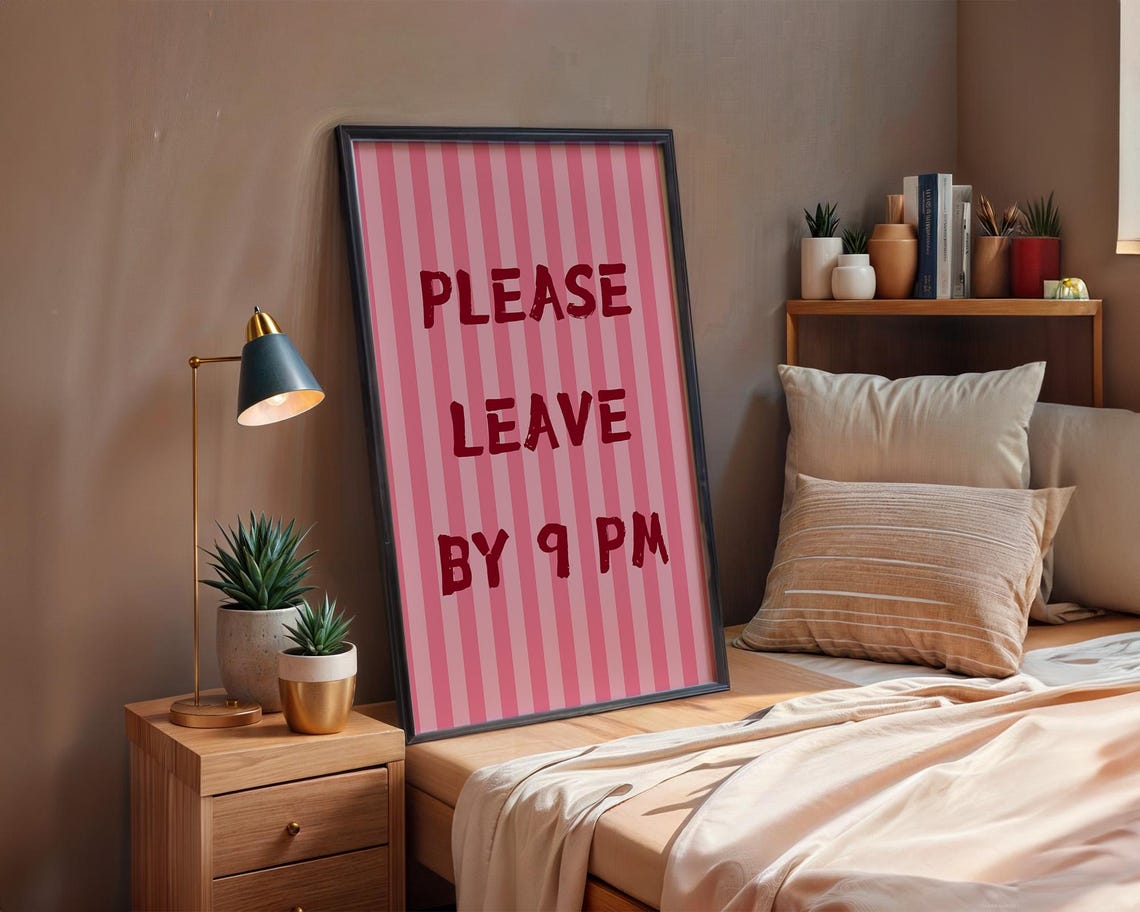 Please Leave By 9 PM Bold Red on Pink Striped Funny Guest Poster - Image 2