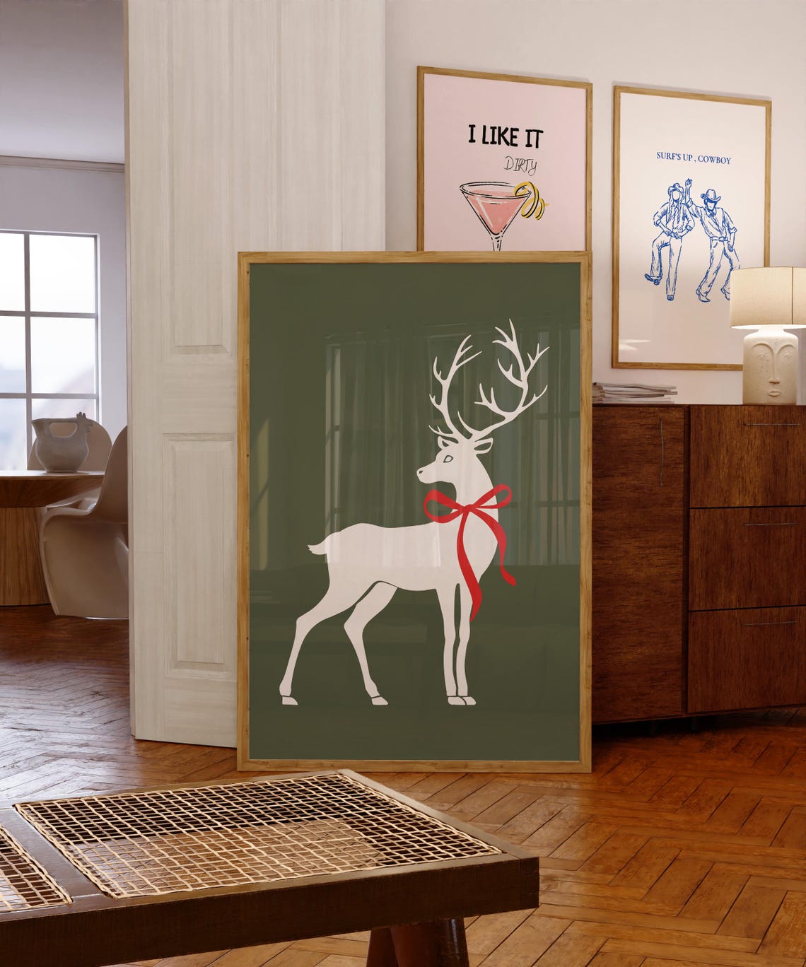 Elegant White Reindeer with Red Bow on Dark Olive Green Poster