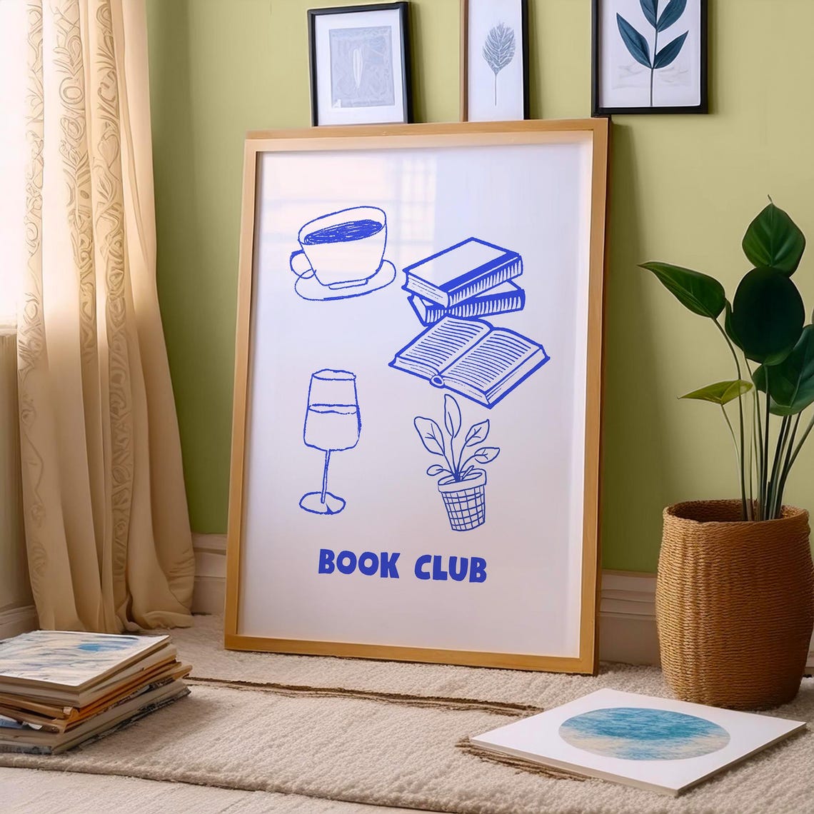 Book Club Blue Line Drawings Coffee Books Wine Reader Art Poster