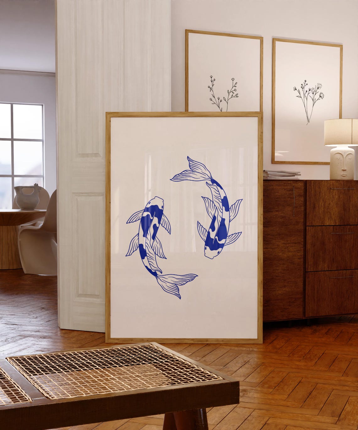 Pair of Blue Koi Fish Elegant Line Art Zen Circle Swim Poster