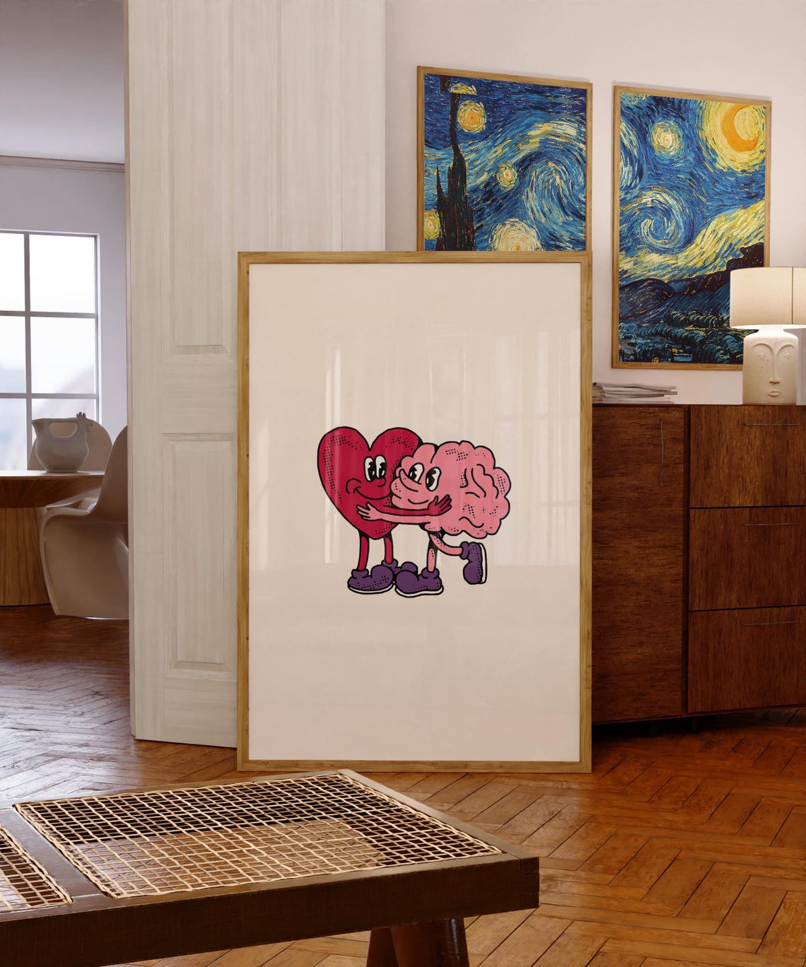 Hugging Heart and Brain Retro Cartoon Best Friends Forever Art Poster