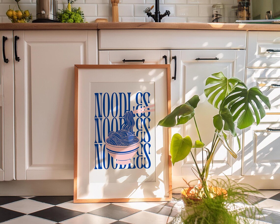 Noodles Blue Retro Typography Illustrated Ramen Bowl Art Poster