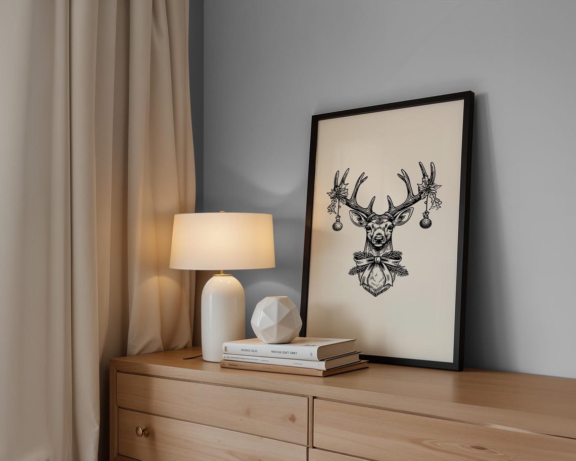 Black and White Christmas Deer Head Ornaments Elegant Art Poster - Image 3