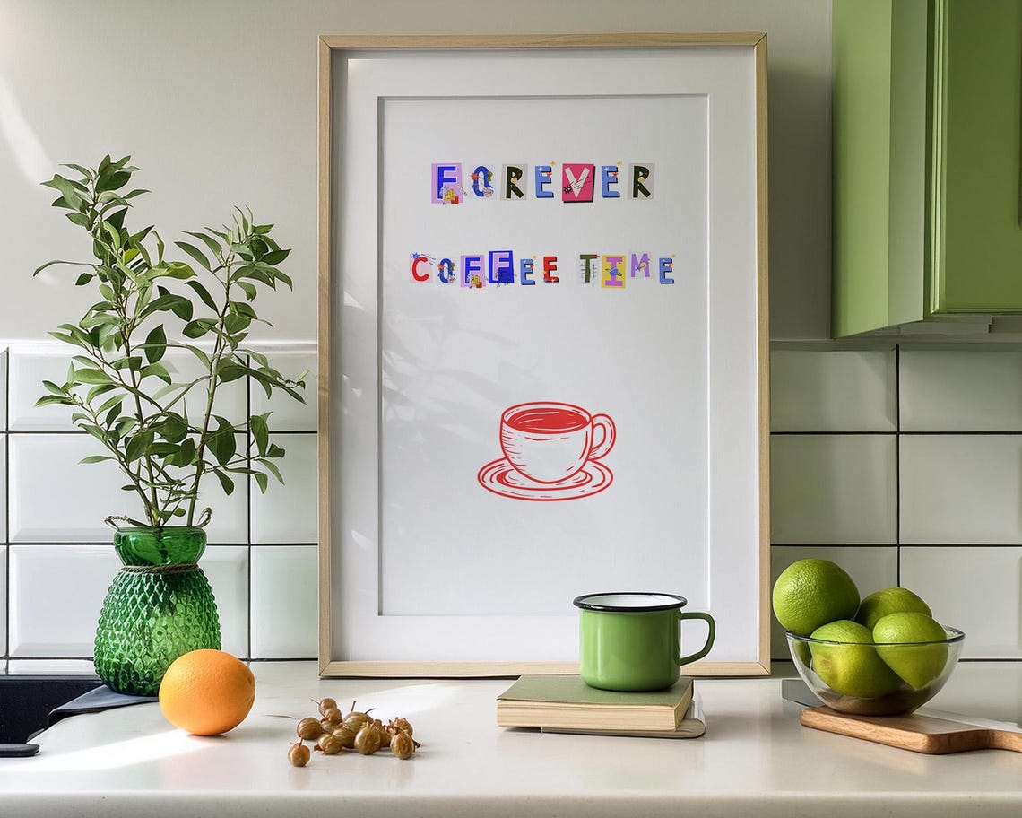 Forever Coffee Time Colorful Collage Letters and Red Cup Poster - Image 2