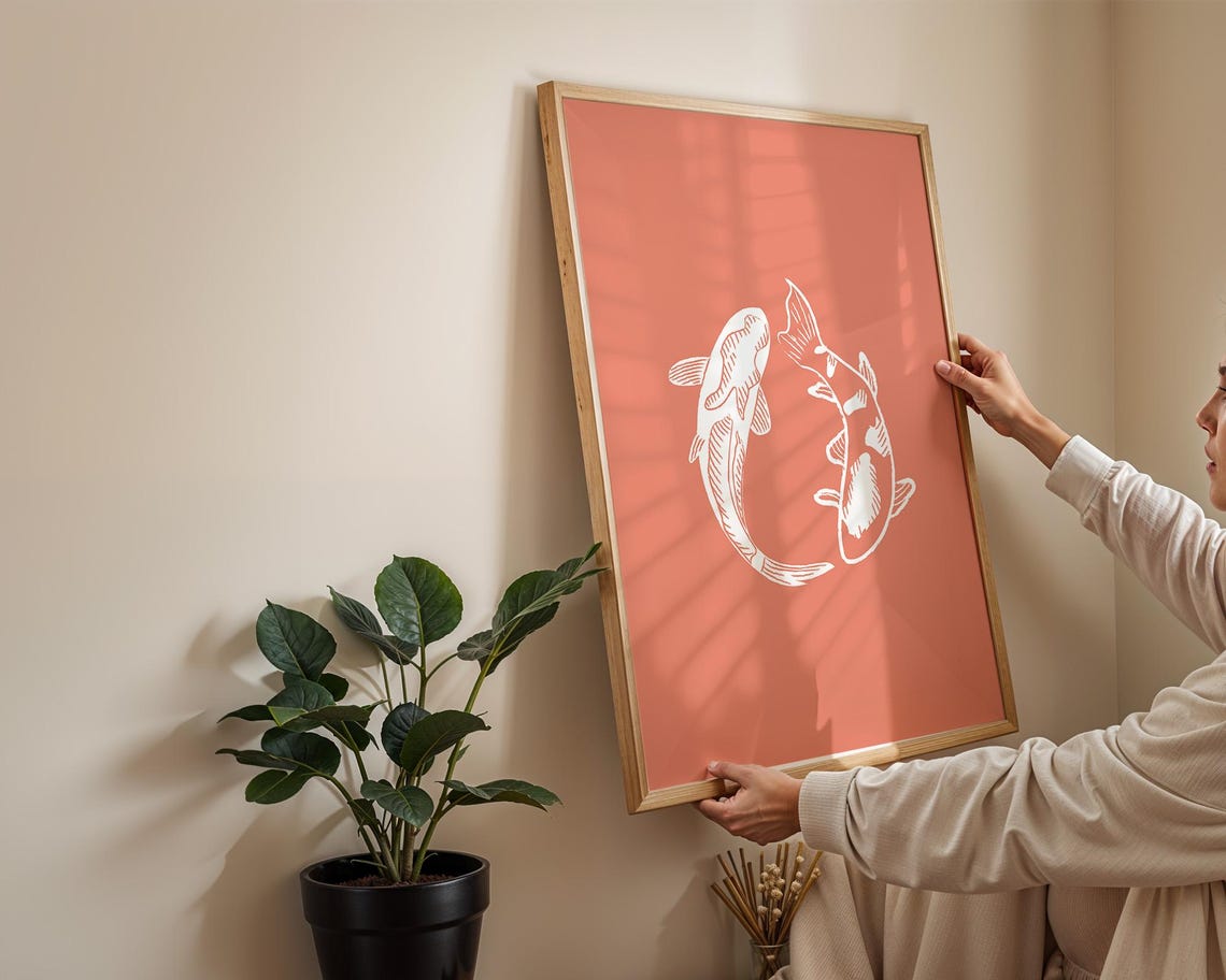White Koi Fish Yin Yang Line Art on Coral Retro Japanese Print - Image 2