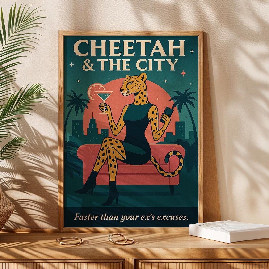 Cheetah And The City Funny Retro Martini Girl Cocktail Poster Art
