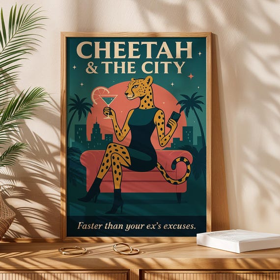 Funny Cheetah Cocktail Art Print Retro Cat In City Heels