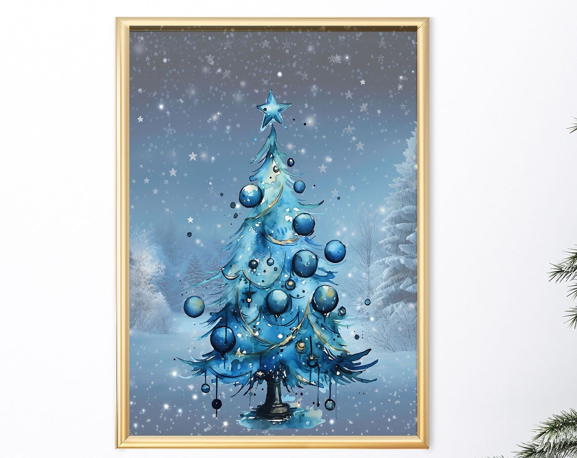 Blue Watercolor Christmas Tree Starry Snowy Night Holiday Poster