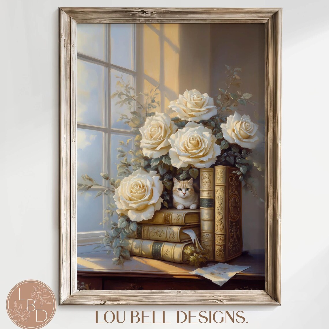 Cream Cat Among White Roses and Vintage Books Library Art Print - Image 8