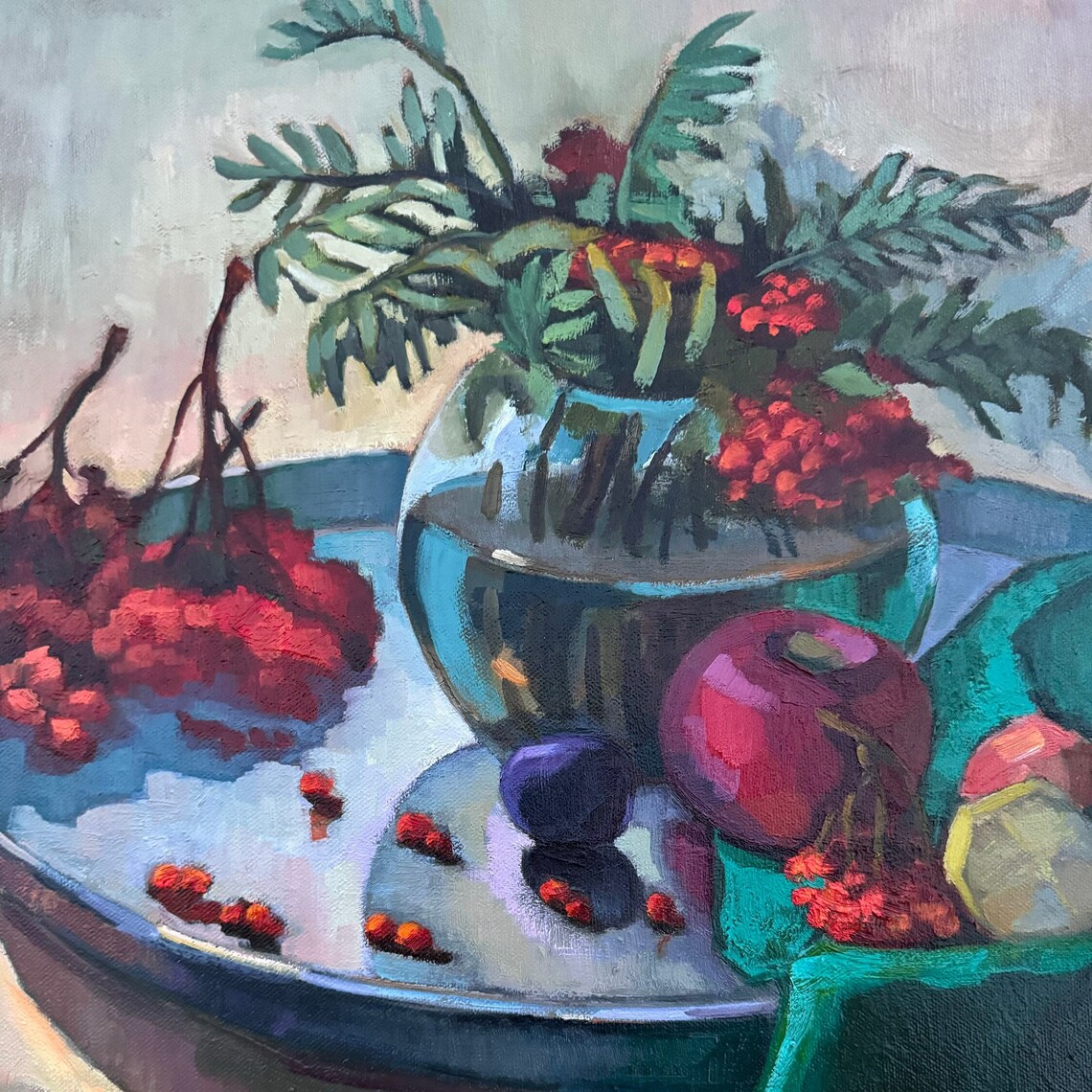 Red Berries Apple Still Life Expressive Kitchen Oil Painting Poster