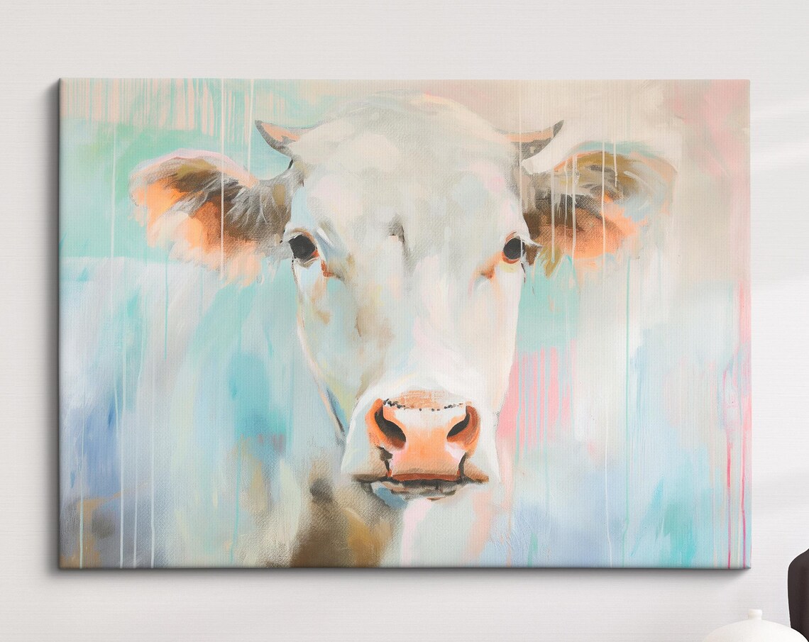 White Cow Soft Pastel Abstract Portrait Farm Animal Wall Art Poster