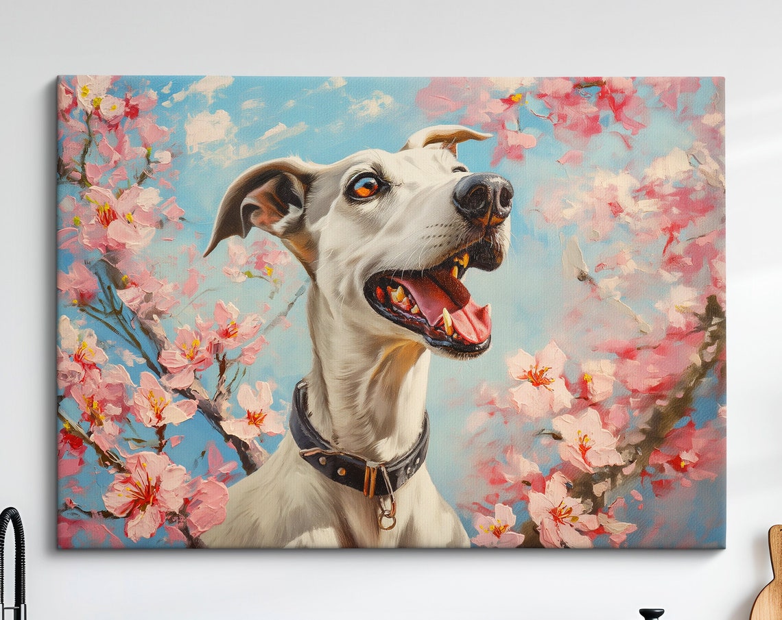 Joyful Greyhound Dog In Pink Cherry Blossoms Spring Floral Wall Poster
