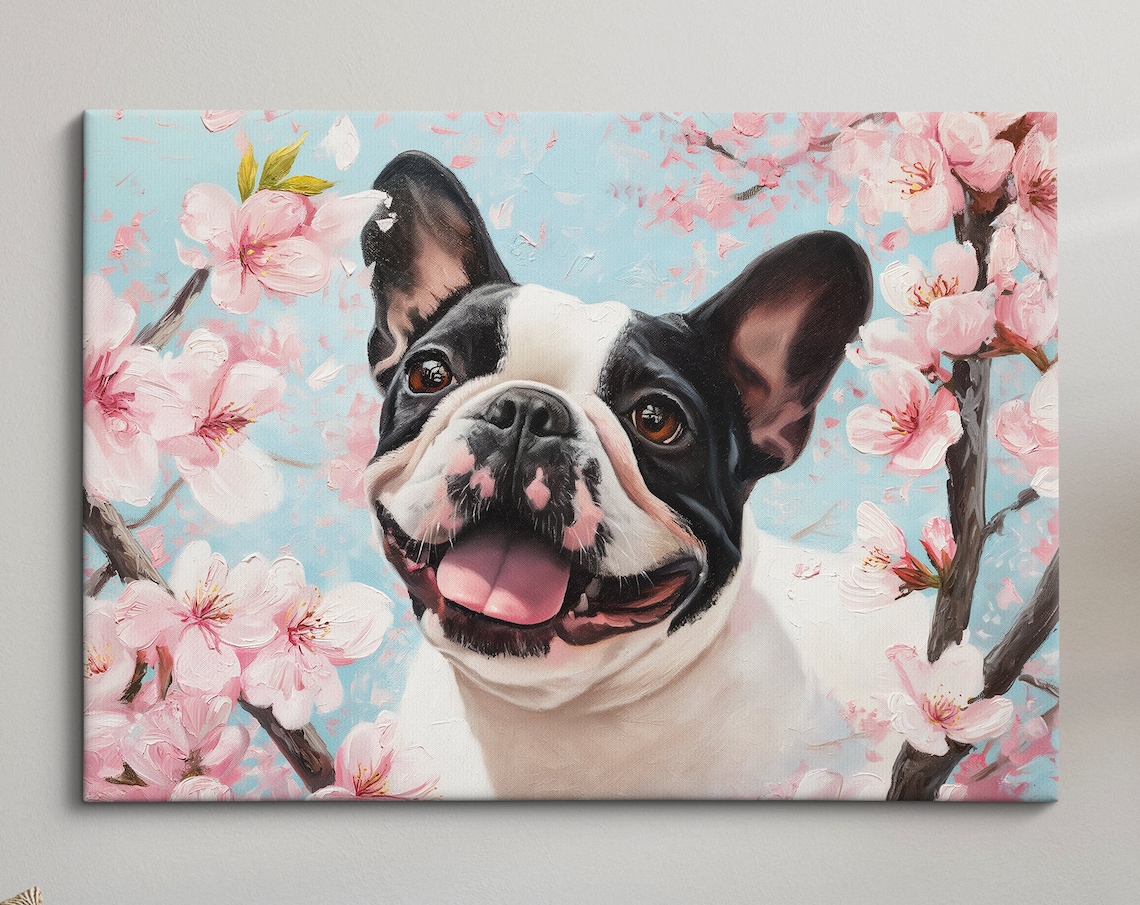 Black And White French Bulldog Smiling In Spring Cherry Blooms Poster