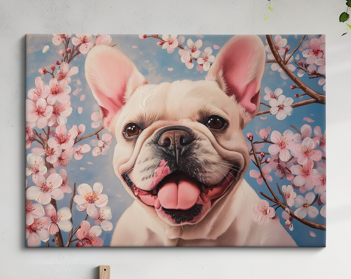 White French Bulldog Smiling In Cherry Blossoms Blue Sky Art Poster