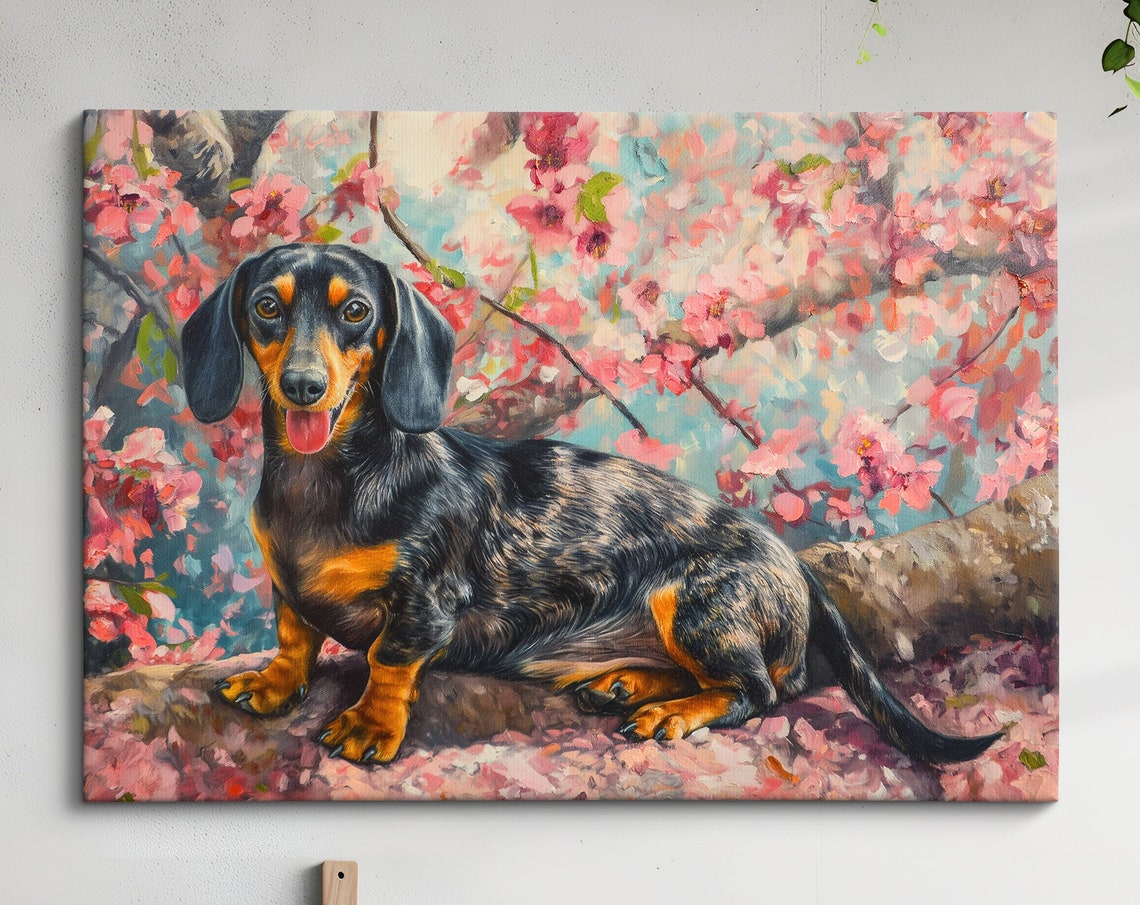 Dachshund Lying Among Cherry Blossom Petals Happy Spring Dog Poster