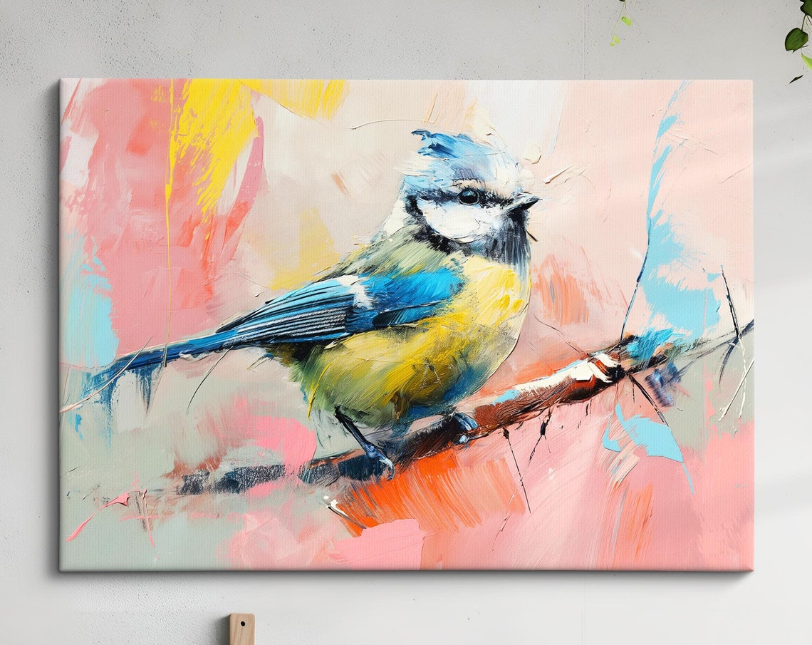 Blue Tit Bird Pink Yellow Pastel Abstract Watercolor Wall Poster
