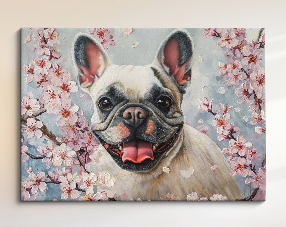 Cream French Bulldog Big Smile Among Pink Blossoms Soft Art Poster