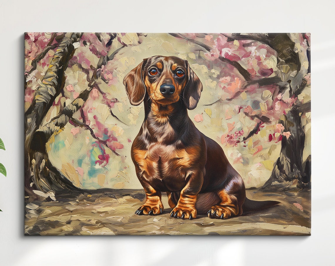 Black And Tan Dachshund Sitting Among Cherry Blossoms Oil Art Poster