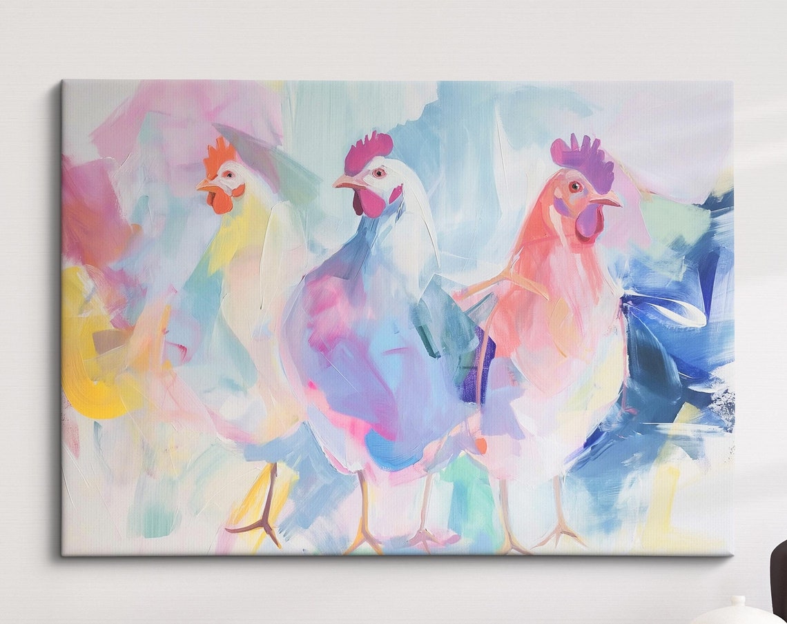 Three Pastel Chickens Pink Blue Yellow Abstract Farm Bird Art Poster