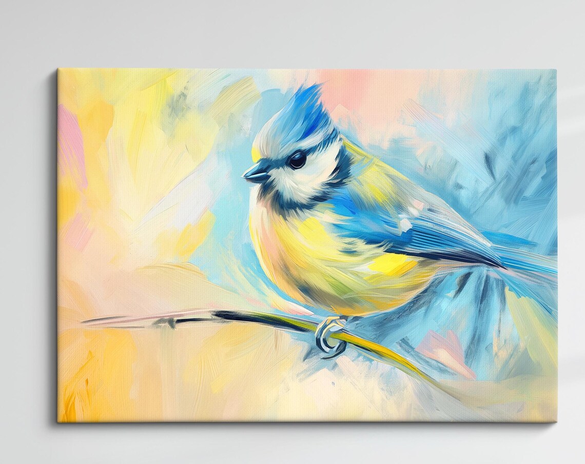 Blue Tit Close Up Yellow Blue Pastel Brushstroke Bird Wall Poster