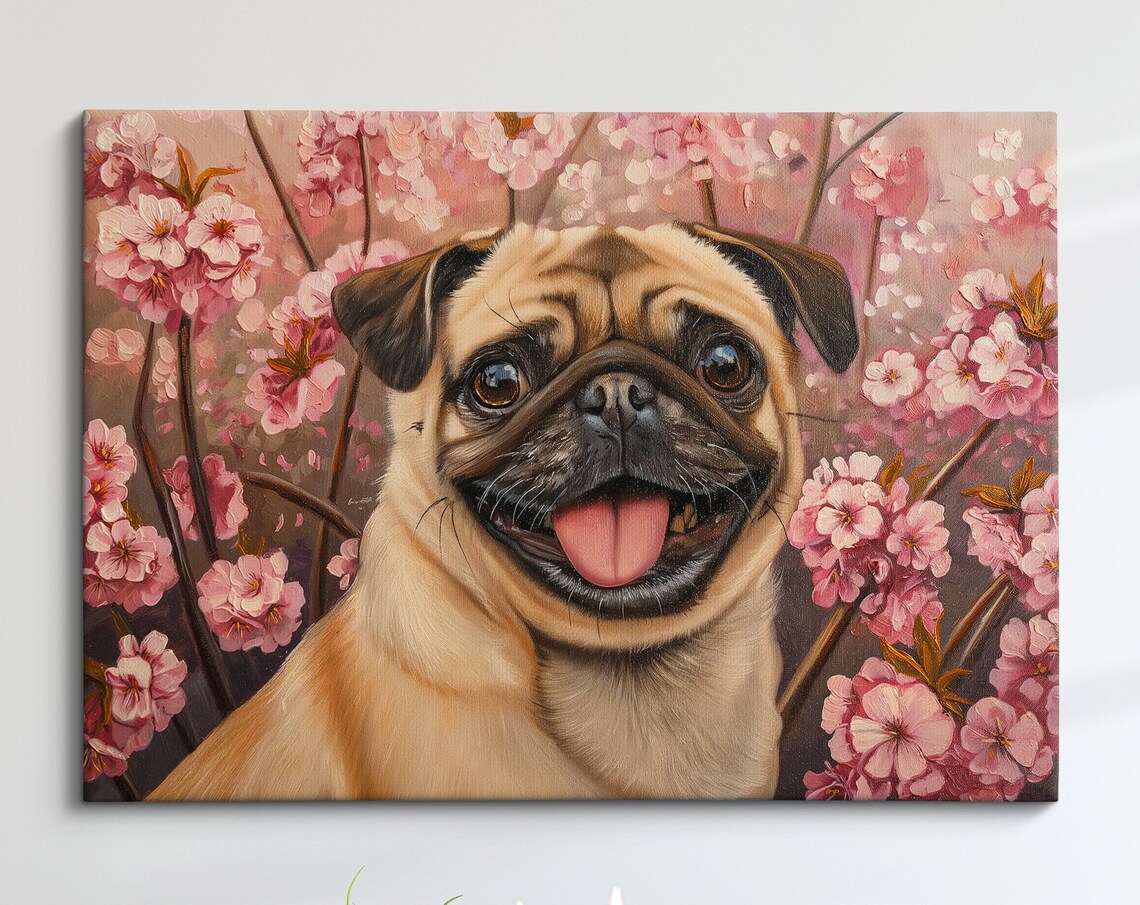 Happy Pug Grinning With Tongue Out In Pink Cherry Blossoms Art Poster
