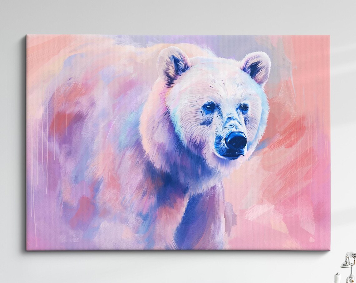 White Bear Portrait Pink Blue Pastel Abstract Wildlife Wall Poster