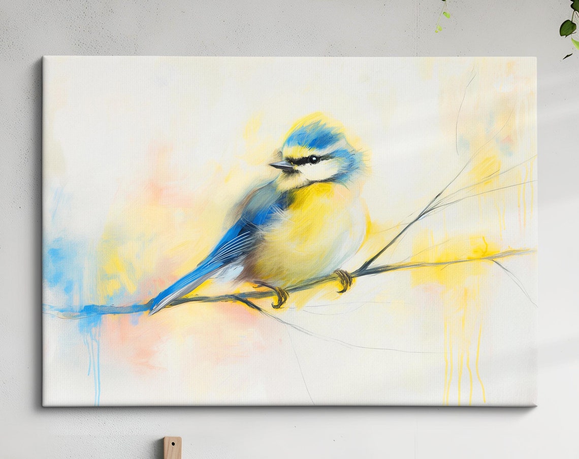 Blue Tit Bird Soft Watercolor Cream Branch Songbird Wall Poster