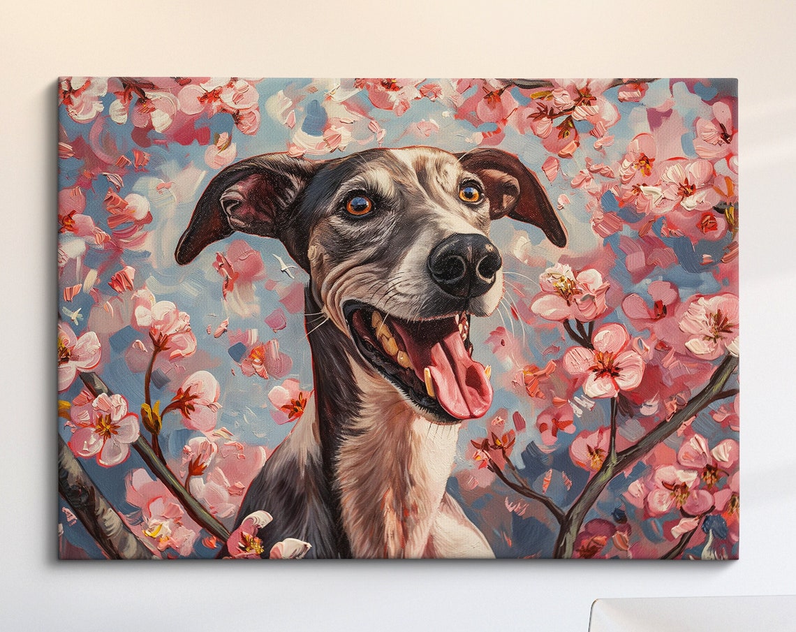 Black Greyhound Smiling In Pink Blossoms Bold Modern Pet Art Poster