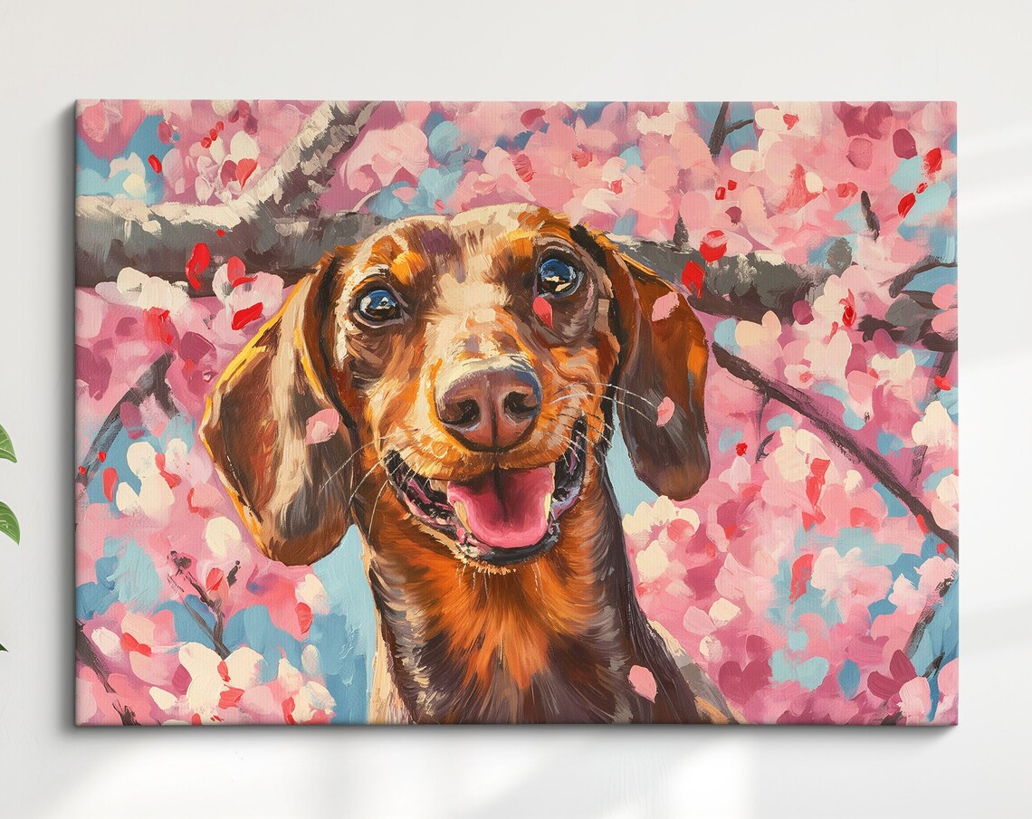 Happy Brown Dachshund Smiling In Cherry Blossom Joyful Pet Wall Poster