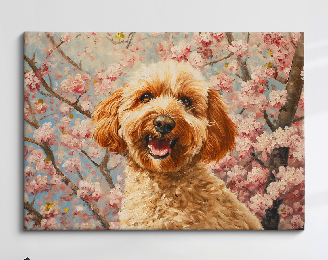 Happy Golden Doodle Dog In Cherry Blossom Spring Cheerful Pet Poster