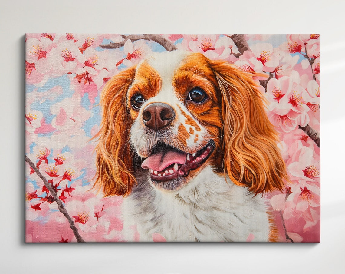 Smiling Cavalier King Charles Spaniel Portrait In Pink Blossoms Poster