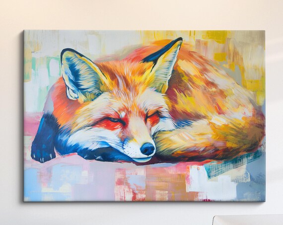 Sleeping Fox Colorful Abstract Oil Painting Vibrant Wildlife Poster