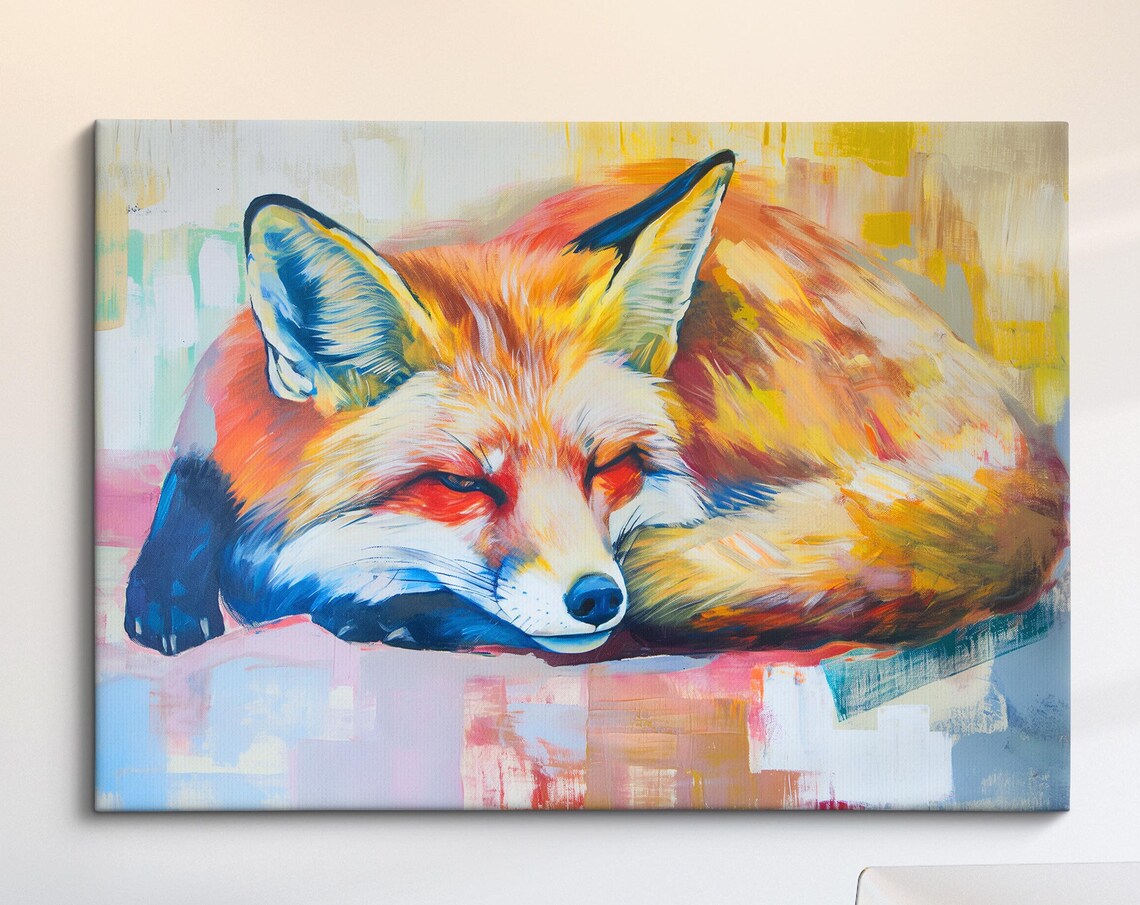 Sleeping Fox Colorful Abstract Oil Painting Vibrant Wildlife Poster