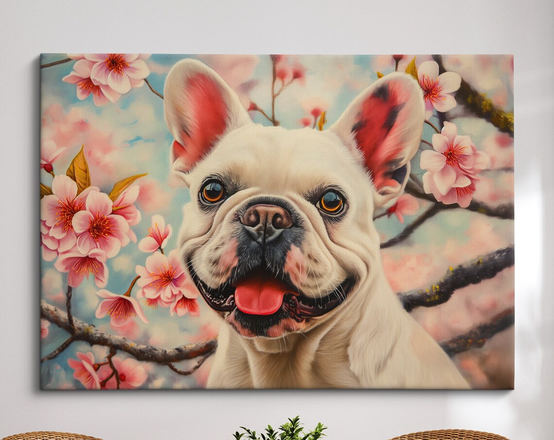 Happy White French Bulldog In Cherry Blossoms Cute Spring Dog Poster
